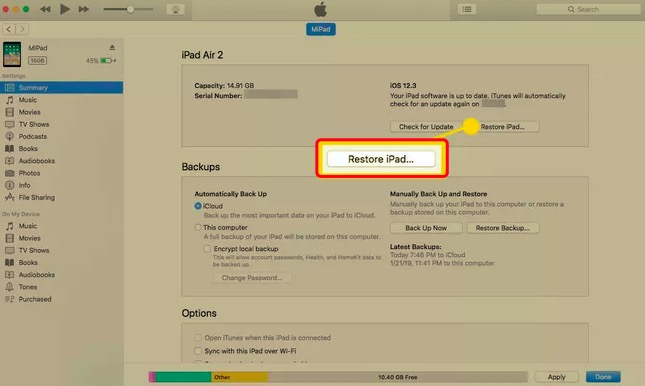 Redefinir o iPad sem a senha do iCloud via iTunes