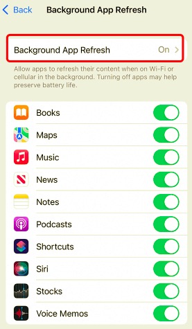 Turn off Background App Refresh feature to Fix iPod Slow Issue