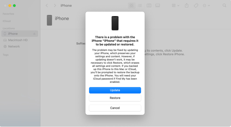 Använda Finder för att radera låst iPhone