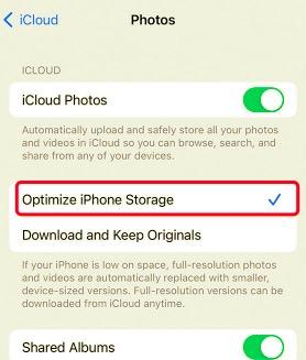 Ativar Otimizar armazenamento do iPhone para corrigir o iPhone diz que não tenho problema de armazenamento