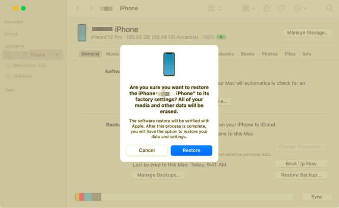 Radera iPhone utan Apple-ID i Finder