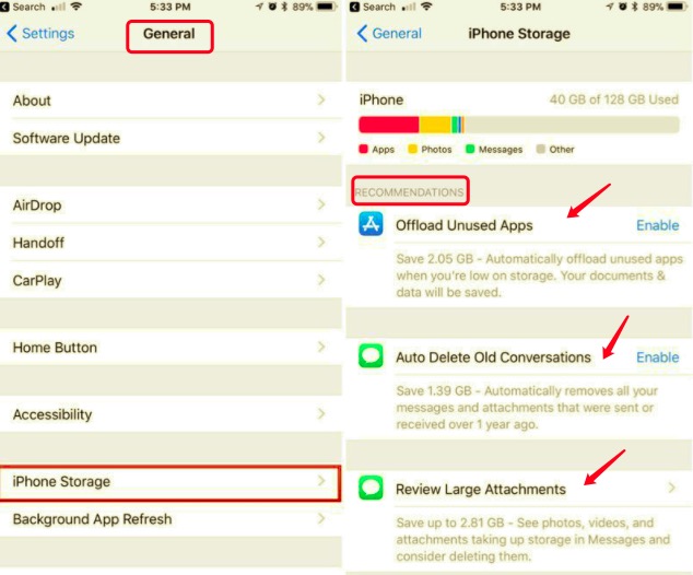 Observe Storage Recommendations to Delete System Storage on iPhone