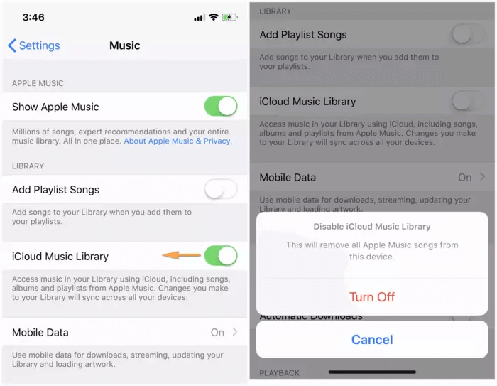 Deactivate iCloud Music Library to Fix Can’t Add Music To iPhone