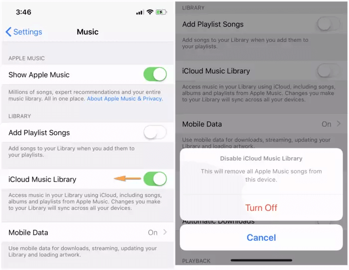 Inaktivera iCloud Music Library för att fixa Kan inte lägga till musik till iPhone