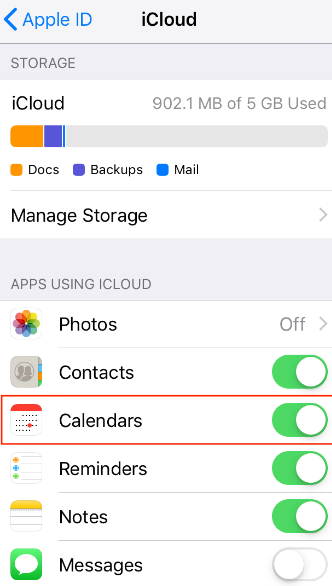 Desativar e reativar o calendário do iCloud