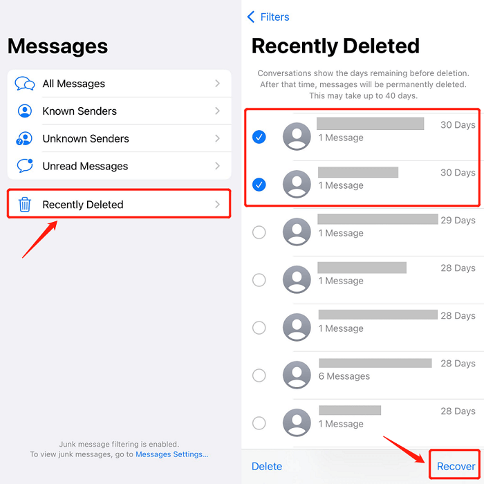Encontre mensagens excluídas no iPhone na pasta excluída recentemente