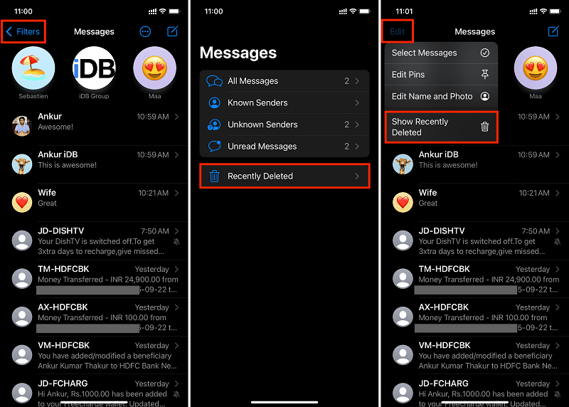 Unhide Deleted Messages on iPhone Using Recently Deleted folder