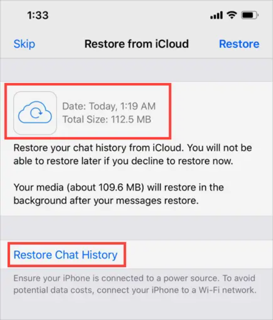 Restaure o WhatsApp do backup do iCloud