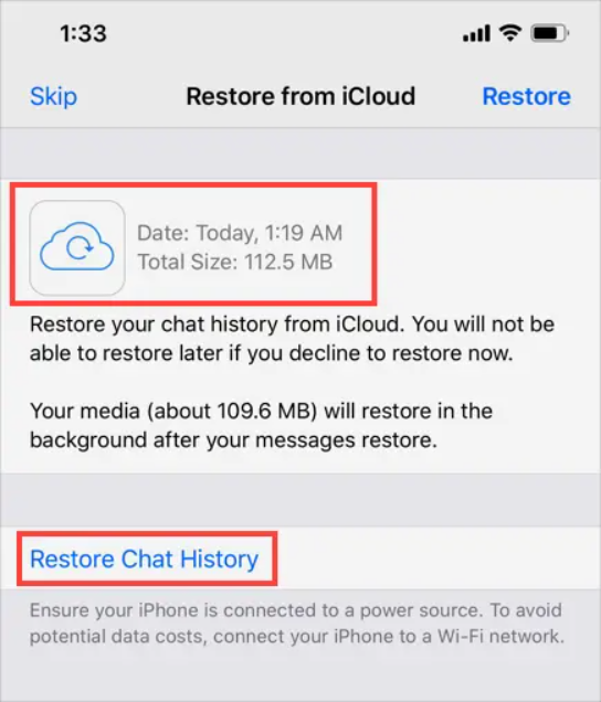 iCloud 백업에서 WhatsApp 복원