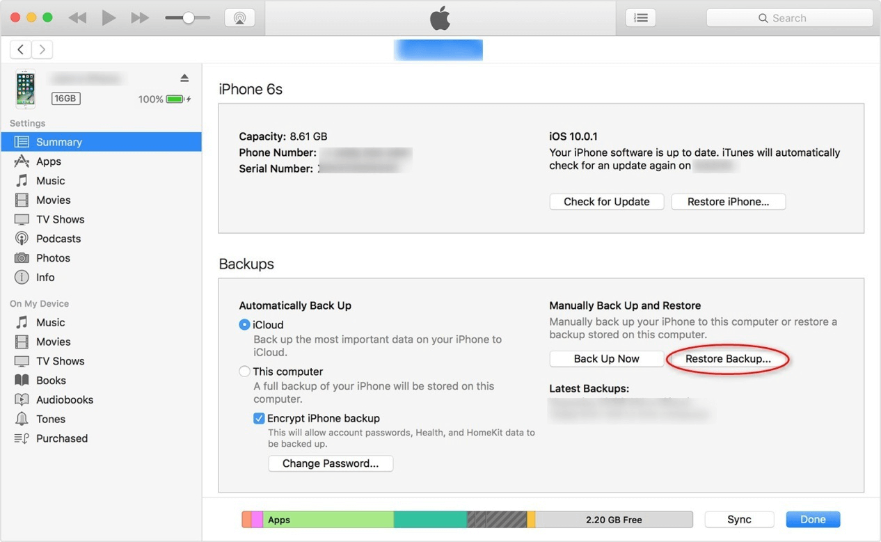 Itunes 백업에서 데이터 복원