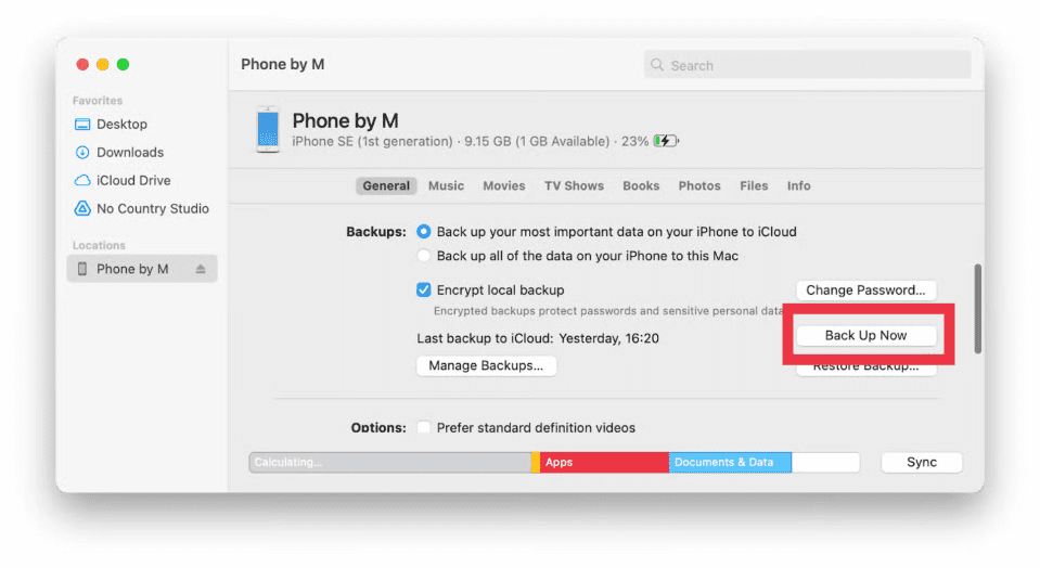 Finder Back Up iPhone