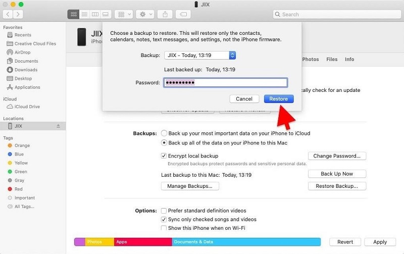 Desfazer notas excluídas no iPhone usando o Finder