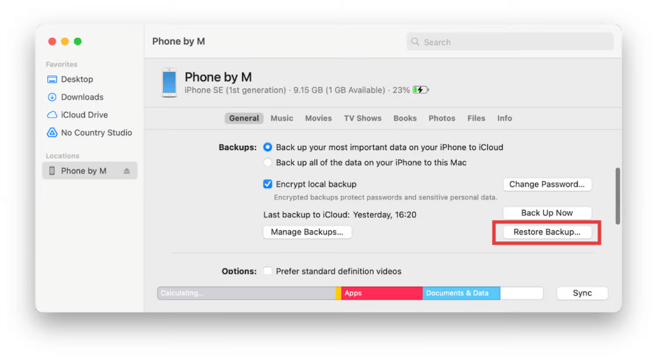 Finder Restore Backup