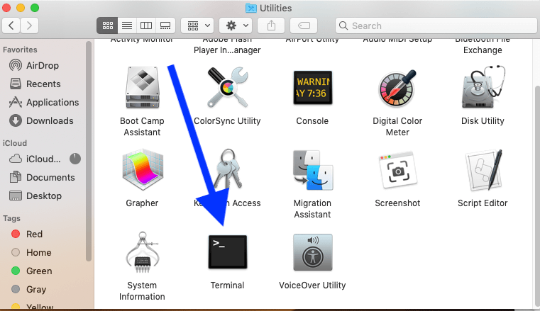 Inicie o Terminal em Utilitários no Mac