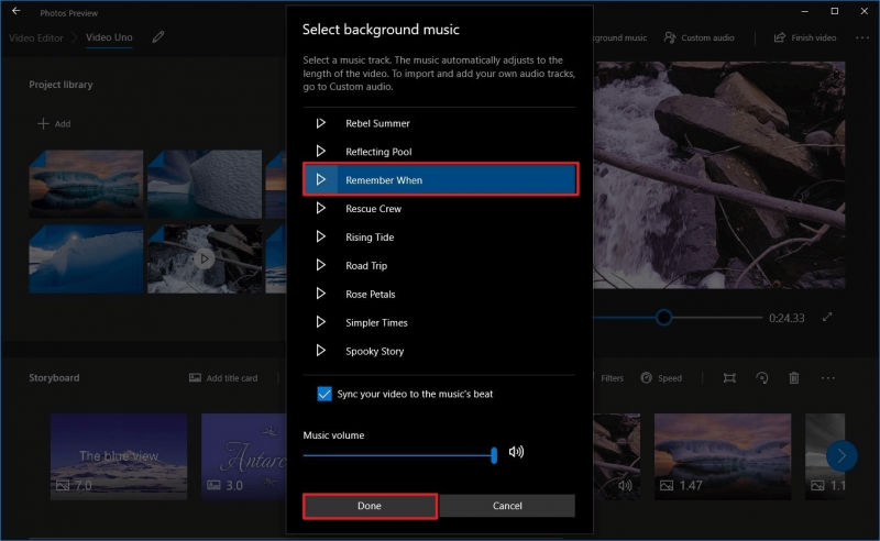 Lägg till musik till videoapp med Windows Photos App