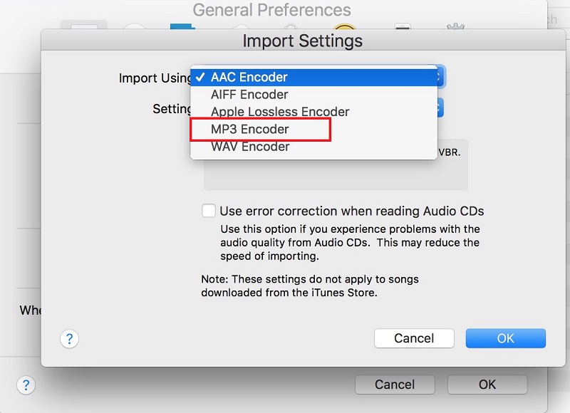 Välj MP3 som Importera med på Mac