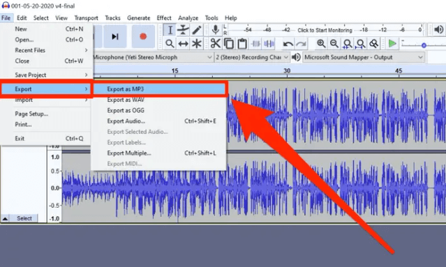 Audacity 도구를 사용하여 AIF를 MP3로 변환