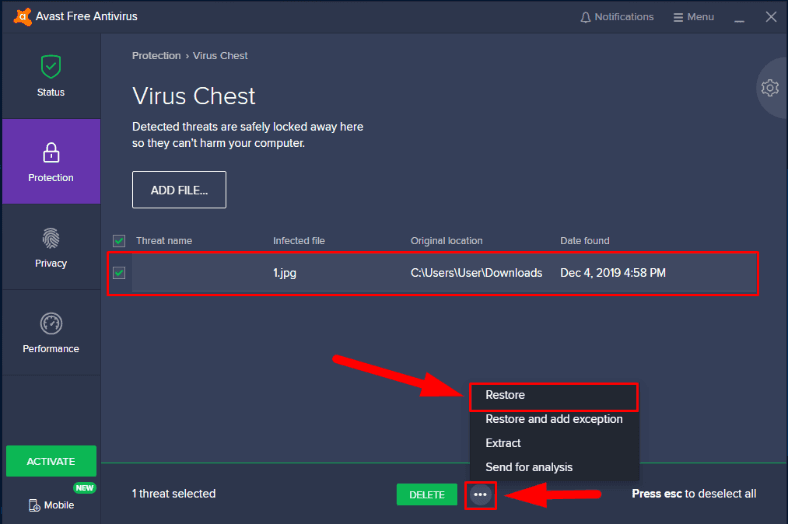 Fix Avast Cannot Restore File Error via System Tray