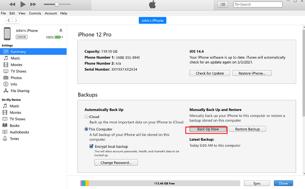 Transferir dados do iPhone para o laptop usando o iTunes