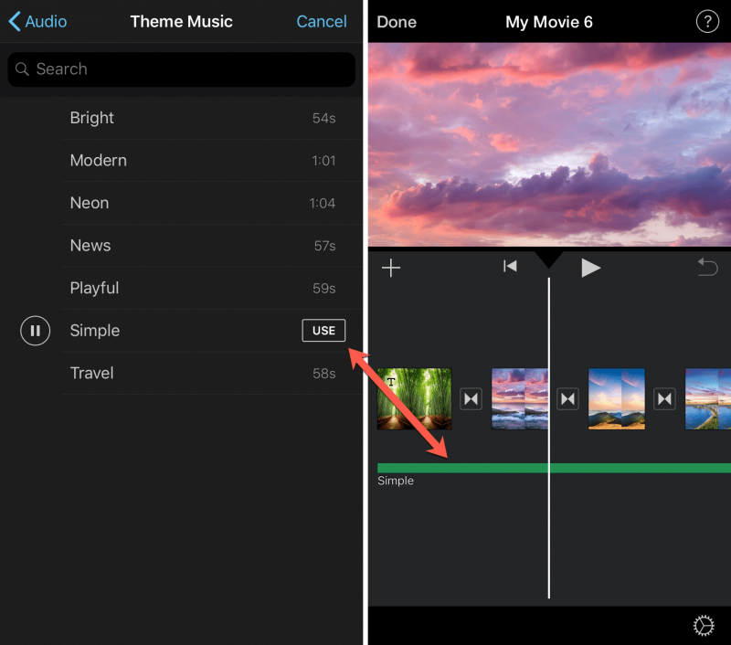 Lägg till musik till videoapp i din iOS-enhet med iMovie