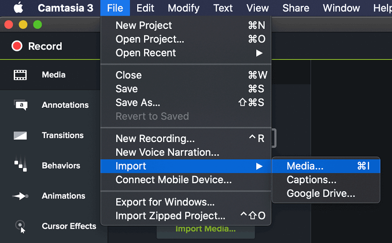 Click File and Import then Media in Camtasia