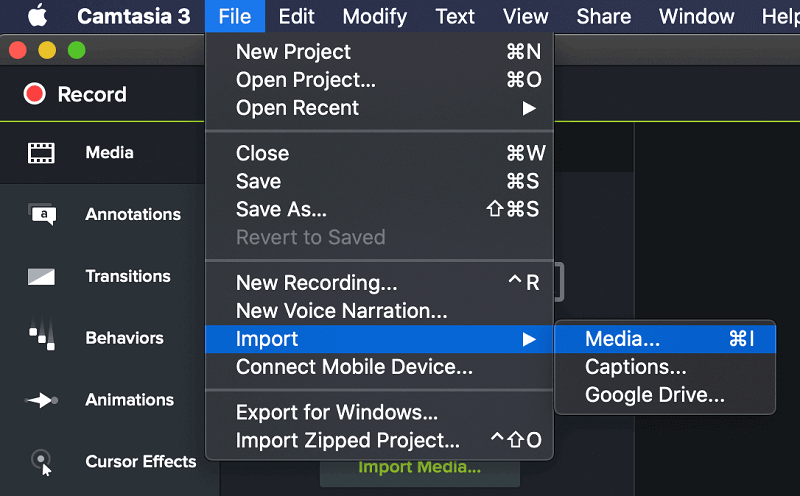 Klicka på Arkiv och importera sedan Media i Camtasia