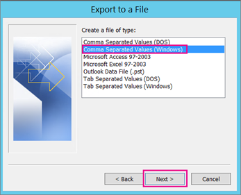 Select Export Process To Export Outlook Contacts