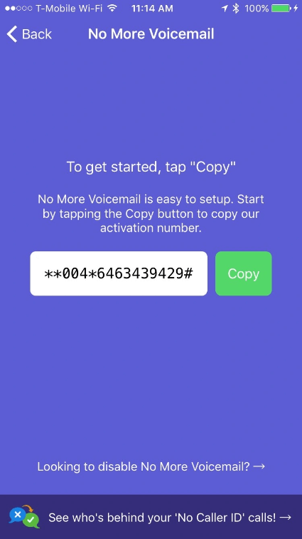 Copy the Activation Code in No More Voicemail