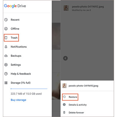 Google 드라이브의 휴지통을 사용하여 최근 삭제된 사진 보기