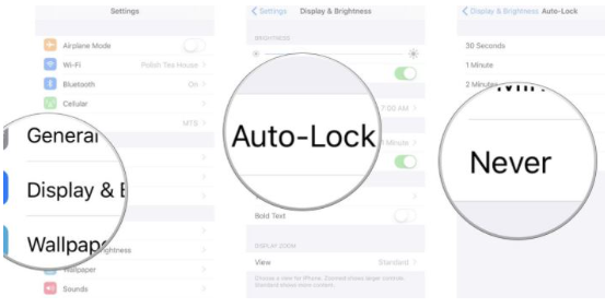 Inaktivera automatisk låsfunktion för att fixa nyligen raderade foton på iPhone kommer inte att raderas