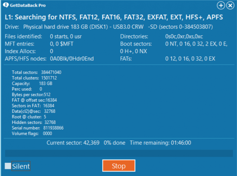 Scanning the Drive about GetDataBack