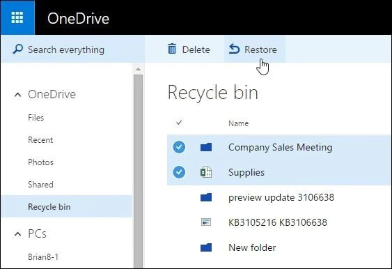 OneDrive 휴지통에서 파일 복구