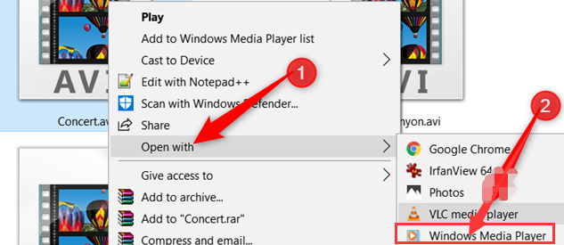 Abra um arquivo AVI com o Windows Media Player