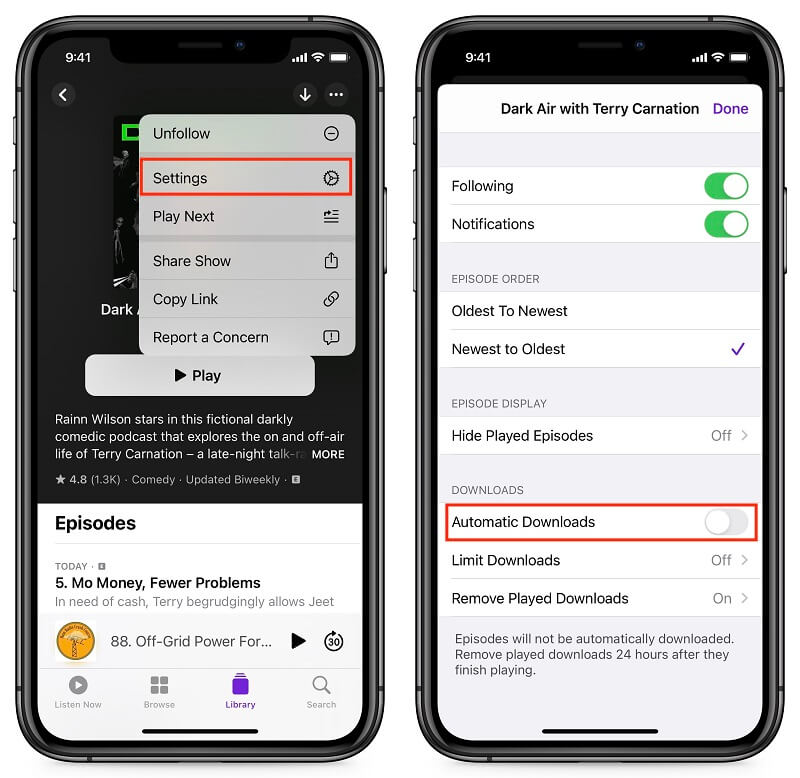 Desative os downloads automáticos para excluir podcasts do iPhone