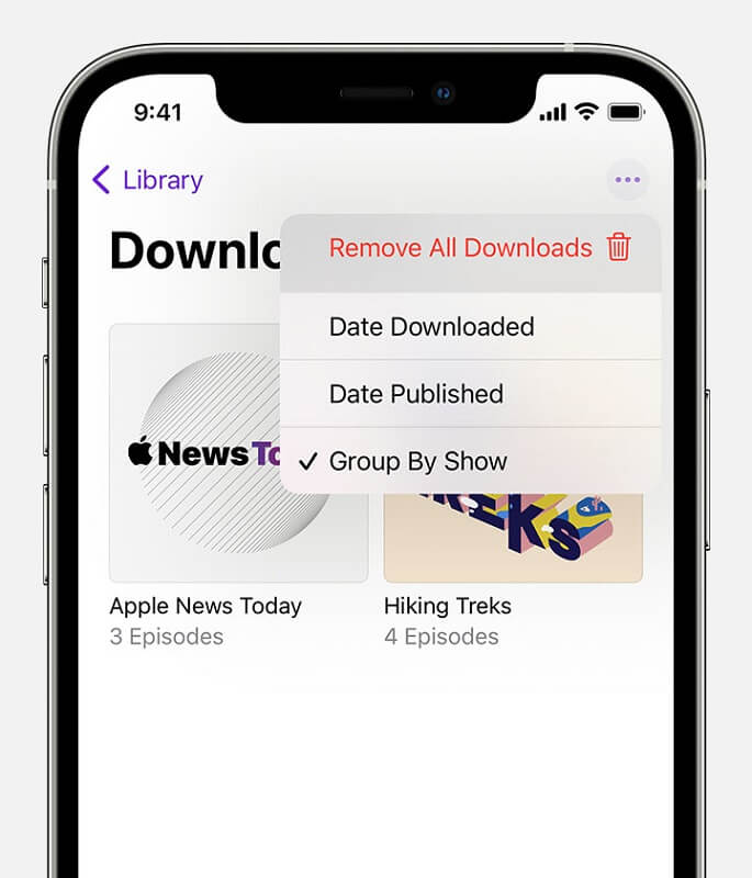 Escolha Remover todos os downloads para excluir podcasts do iPhone