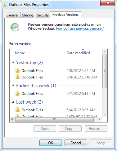 Outlook에서 삭제된 PST 파일을 복구하기 위해 이전 버전 복원