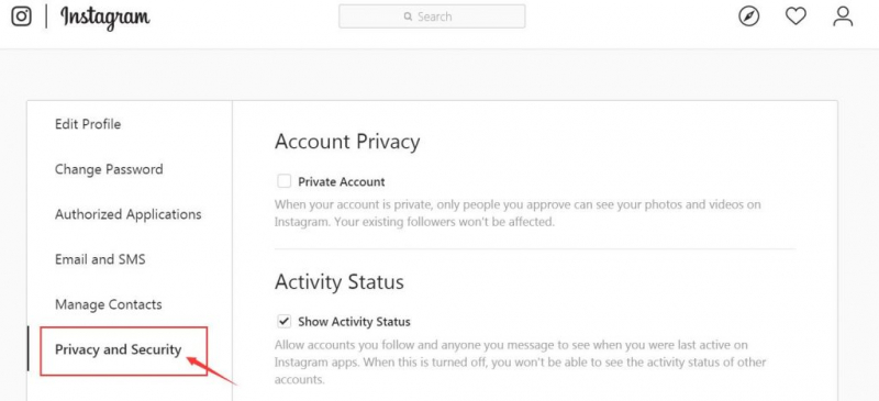 Clique em Privacidade e segurança para fazer a recuperação de mensagens do Instagram