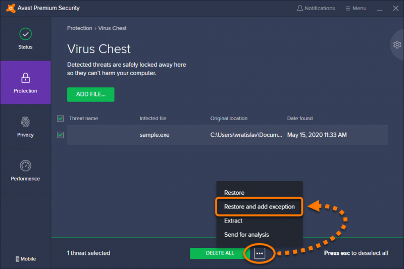 Fix Avast Cannot Restore File Error by Reopening Virus Chest
