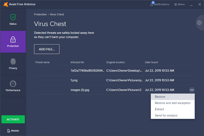 Restore Your File to Recover Files Deleted by Avast Antivirus