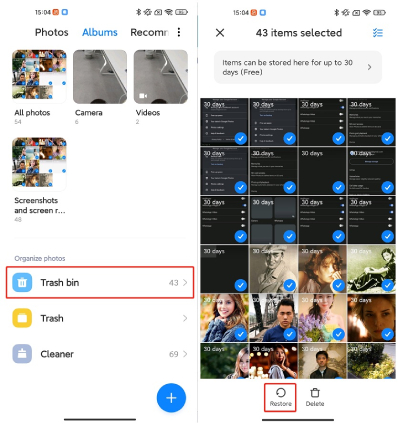 Återställ raderade skärmdumpar på Android med Nyligen borttagna album