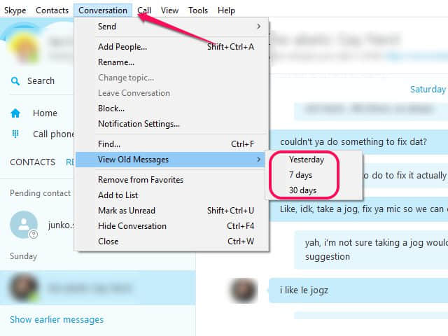Se Gamla meddelanden för att återställa raderad Skype-chatthistorik
