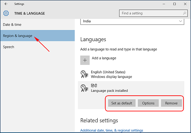 För att ändra visningsspråk i Windows 10 via inställningar