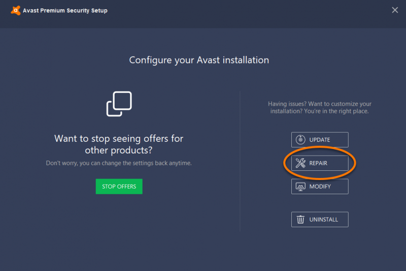 Åtgärda Avast kan inte återställa filfel genom att reparera Avast Antivirus
