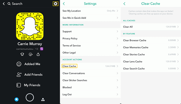메시지 보내기를 기다리는 Snapchat을 수정하기 위해 캐시 지우기