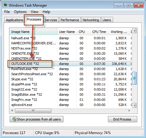 Close Any Outlook-Exe Process Using Task Manager