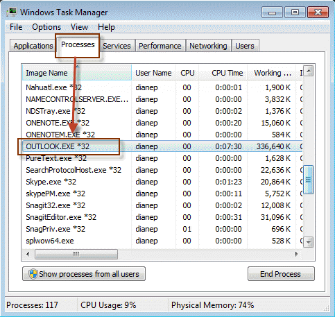 Stäng alla Outlook-Exe-processer med Task Manager