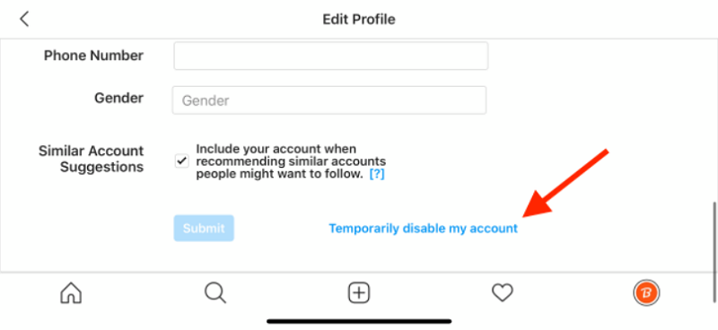 Tryck på Inaktivera mitt konto tillfälligt på Instagram