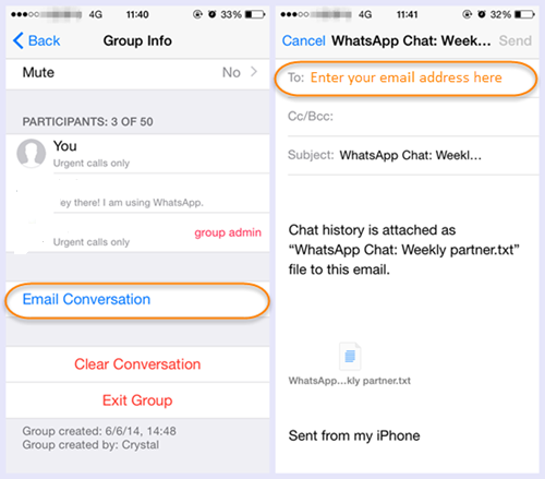 Överför WhatsApp-chatt via e-post med iPhone-enhet