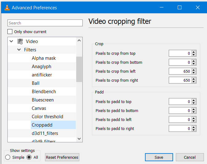 Välj Beskärning för att beskära video med VLC