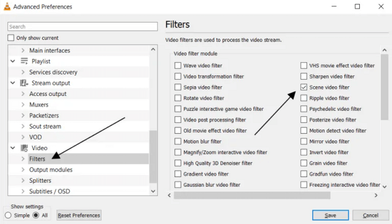 Escolha o filtro de cena para criar captura de quadros de vídeo no VLC Media Player